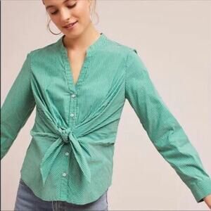 Anthropologie Maeve Front Tie Blouse Green Stripe Stretch Button Down Size 8